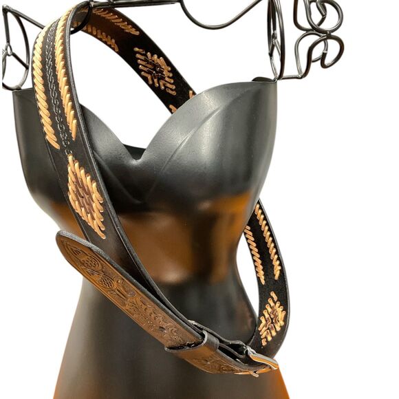 Black Leather Mens 36 Western Belt Tan Brown Stitching Southwest Rodeo Cowboy - Picture 5 of 7